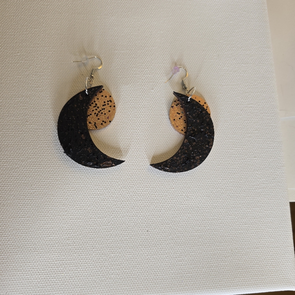 HANDCRAFTED Wood Crecent Moon Earrings HANDPAINTED Dangle Pierced Earrings - Picture 5 of 16